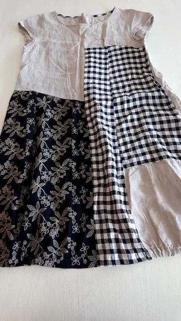 면 린넨 패치워크 원피스 롱 기장 자수 체크 일본제 내추럴