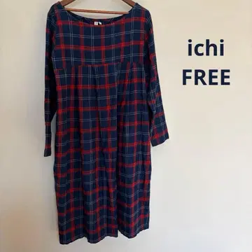 이치 체크 무늬 긴팔 무릎 기장 티셔츠 원피스 코튼 FREE 일본제