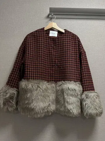 빨간색 체크 노카라 자켓 M 사이즈