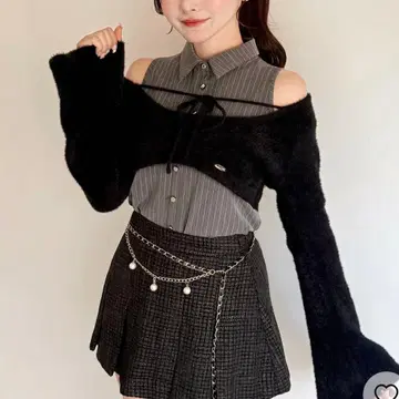 셔츠 레이어드 샤기 니트 그레이 스트라이프 NOMAE