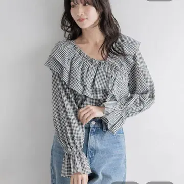 LOWRYS FARM 아지메 프릴 개더 블라우스 깅엄 체크