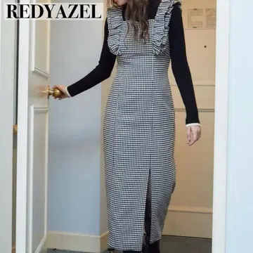 새상품급 REDYAZEL 체크 프릴 숄더 점프 스커트 S 롱 기장