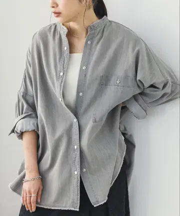 밴드 카라 오버 사이즈 데님 셔츠