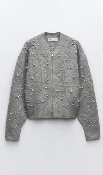 ZARA 자라 모조 진주 니트 봄버 자켓 그레이
