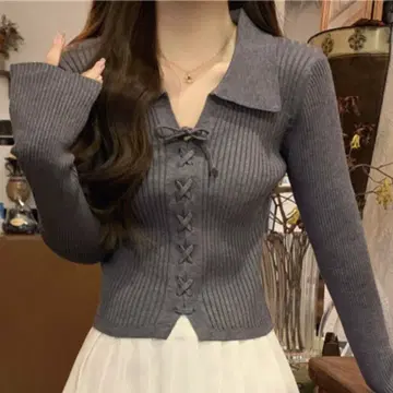 STORE 리본 디자인 리브 폴로 니트 그레이 프리 사이즈