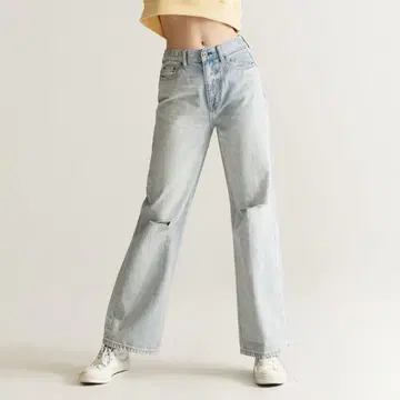 후아유 라이트 블루 데님 와이드 레그 데미지 진