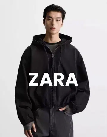 미사용 ZARA 빈티지풍 지퍼 후드티 블랙/M/크롭/박스