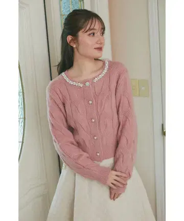 펄 장식 케이블 짜임 가디건
