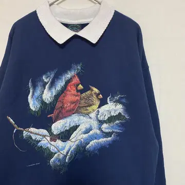 90s USA제 Habitat 카디널 새 카라 부착 맨투맨 겨울 풍경