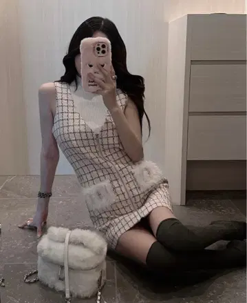 다리치 프론트 지퍼 트위드 미니 원피스