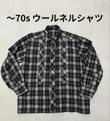 70s 울 플란넬 체크 셔츠 블랙 XL 펄 버튼