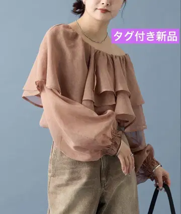 mystic 시어 프릴 긴팔 블라우스 카멜