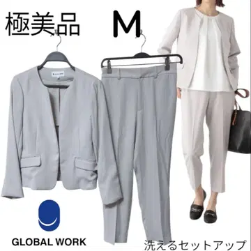 컨디션 최상 글로벌 워크 워셔블 W 크로스 노카라 자켓 테이퍼드 팬츠 M