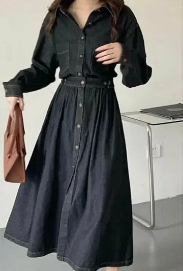 emi+ 에미+ 허리 마크 데님 셔츠 원피스 블랙 겉옷 L