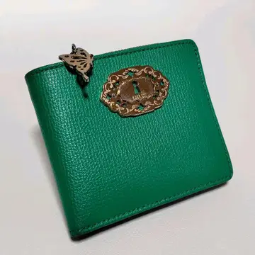 ANNA SUI 접이식 지갑 그린 가죽 지퍼 나비 금장 로고