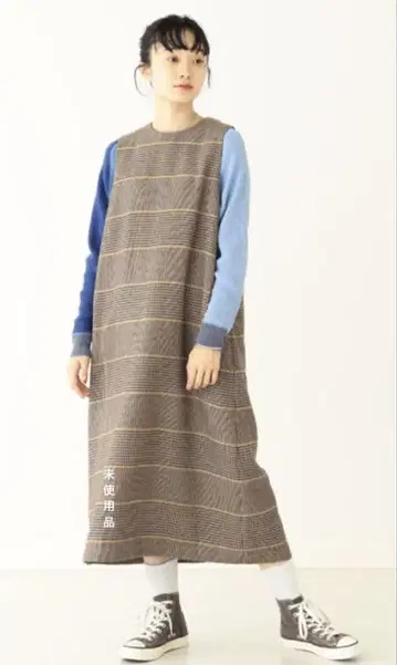 미사용품 BEAMS BOY 폴리에스테르 체크 슬리브리스 원피스