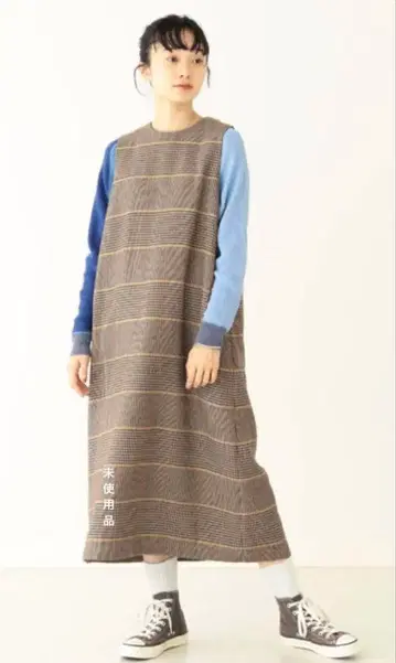 미사용품 BEAMS BOY 폴리에스테르 체크 슬리브리스 원피스