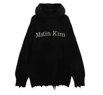 Matin kim 후드 부착 니트 후드티 블랙