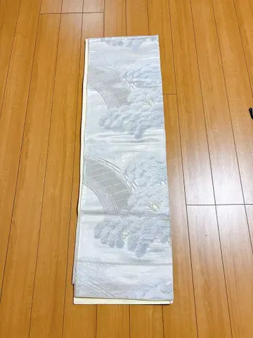 화이트 은색 꽃 부채 무늬 후쿠로 오비