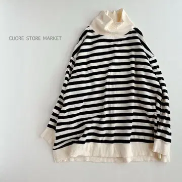 CUORE STORE MARKET 코튼 하이넥 보더 티셔츠