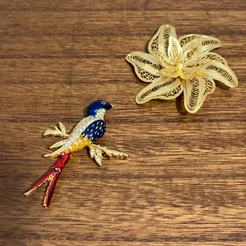 레트로 vintage 꽃 새 브로치 2개 세트 골드 계열