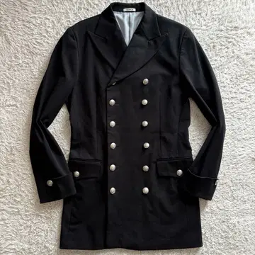 일본제 나폴레옹 코트 DOMON 은색 버튼 피크드 라펠 블랙 L 사이즈