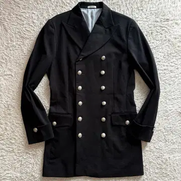 일본제 나폴레옹 코트 DOMON 은색 버튼 피크드 라펠 블랙 L 사이즈