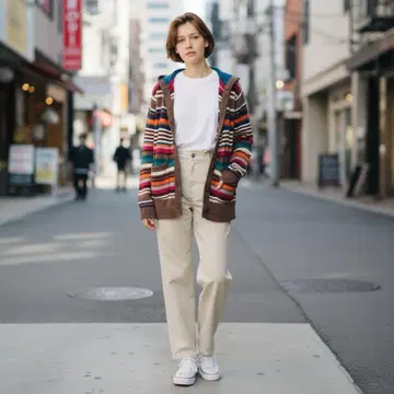 anica 스트라이프 멀티 보더 무늬 니트 후드티 가디건 라무 M