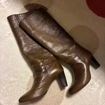 브라운 가죽 롱 부츠 힐 7cm