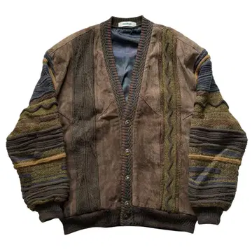Vintage 리얼 가죽 절개 울 혼방 3D 니트 자켓 가디건