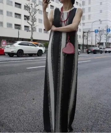 Ameri 멀티 스트라이프 자카드 드레스 블랙 S