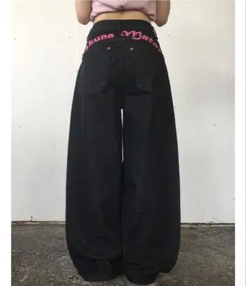 anyonemore 핑크 레터링 벌룬 와이드 생 데님 팬츠