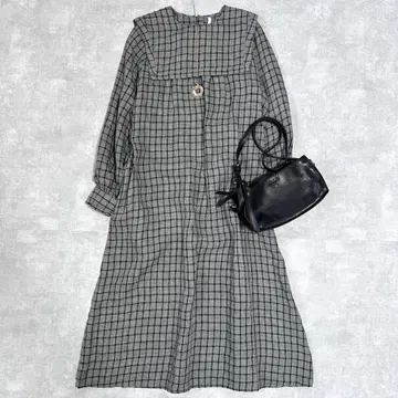 fig London 세일러 카라 체크 원피스 린넨 프리 사이즈