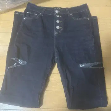 다크 블루 하이웨스트 플레어 데님 사이드 컷