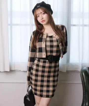 LIP SERVICE 레트로 체크 앙상블 니트 원피스