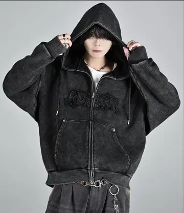 헤비웨이트 로고 세미 숏 빈티지 더블 지퍼 후드티