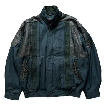 빈티지 가죽 x 니트 절개 하이넥 패딩 자켓 그린