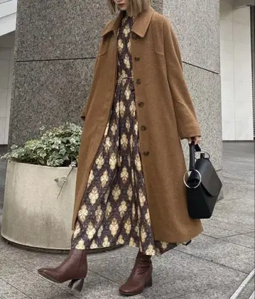 MURUA 새상품급 스테인 컬러 롱 코트 헤링본 허리 벨트 브라운