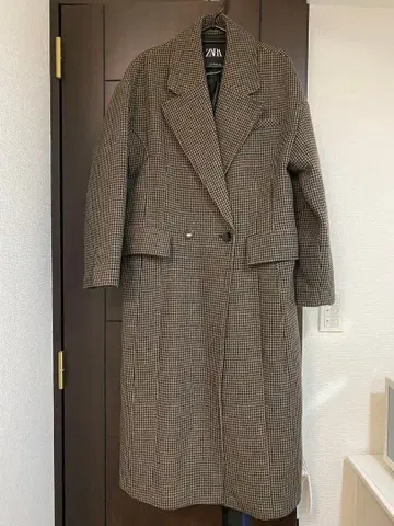 ZARA 체크 무늬 더블 브레스트 롱 코트