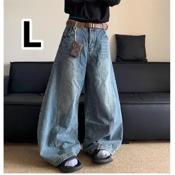 [새상품] 배기 팬츠 L 와이드 데님 y2k 남성용 팬츠 멋스러운 블루