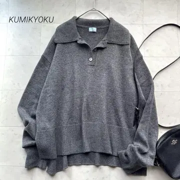 쿠미교쿠 최근 모델 캐시미어 블렌드 벌키 폴로 니트 그레이 루즈핏