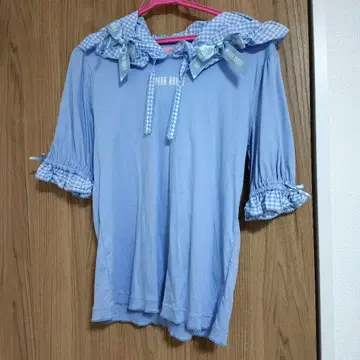 깅엄 체크 후드 부착 티셔츠