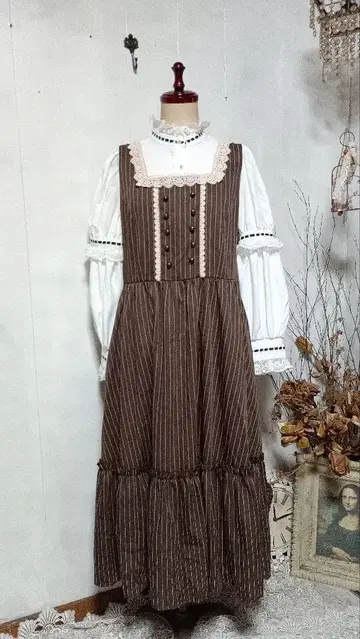 시마무라 아오키 미사코 콜라보 원피스 브라운 레이스 스트라이프 원피스