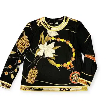 레오나르 LEONARD 긴팔 티셔츠 상의 LL 올 패턴 실크 블랙