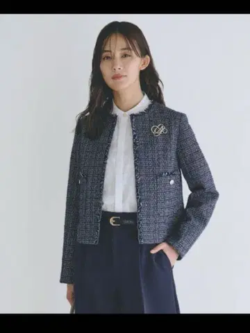 그로브 네이비 트위드 노카라 자켓