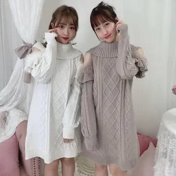 evelyn 오프숄더 케이블 니트 원피스 화이트