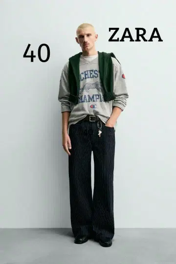 ZARA CHAMPION 스트라이프 배기 핏 청바지 40
