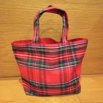 귀여운 빨간색 타탄 체크 미니 토트 (핸드메이드, 손잡이 김)