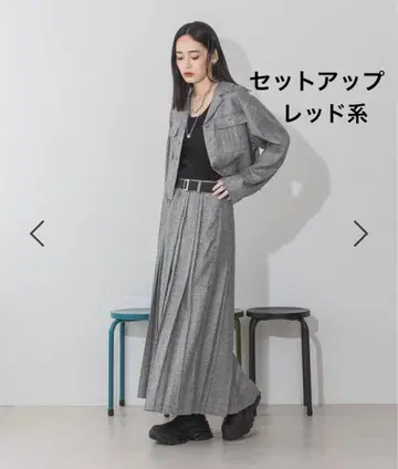 JEANASIS 라메 체크 플리츠 롱 스커트 자켓 세트 레드