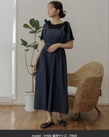 flower 숄더 리본 원피스 네이비